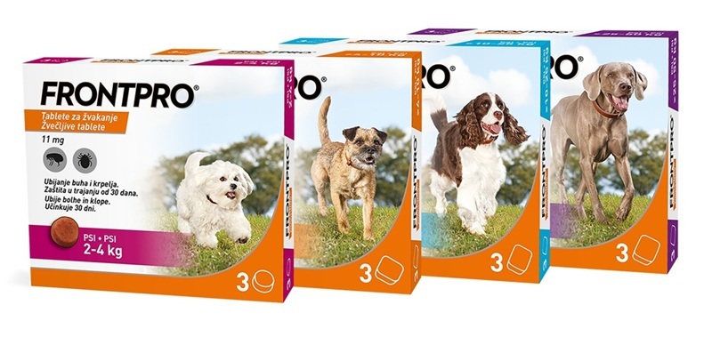 FRONTPRO® je na voljo v več velikostih, prilagojenih teži psa.